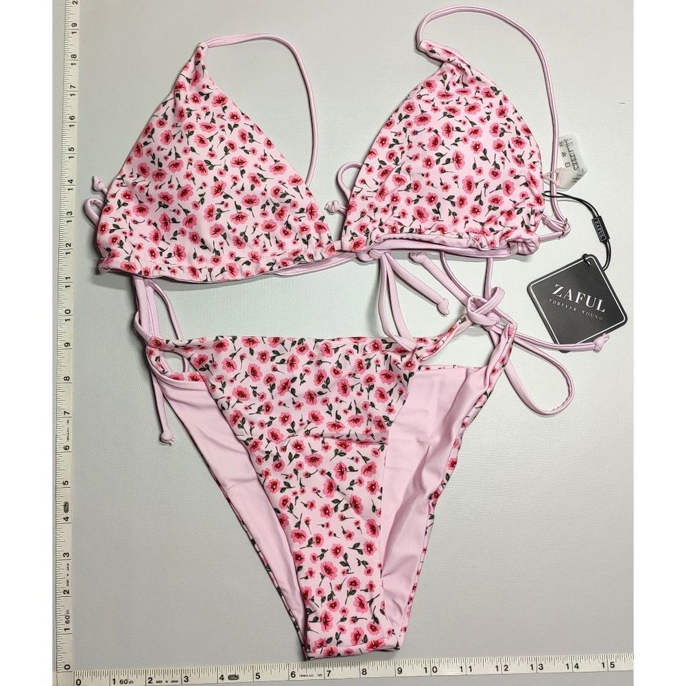 ZAFUL Medium Triangle Ditsy Print Tie String Pink Bikini Set NWT